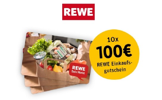 REWE: heute einen von 10 REWE-Einkaufsgutscheinen in Höhe von jeweils 100 € gewinnen