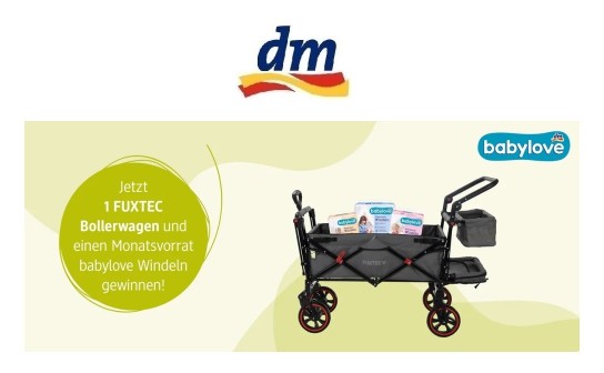 dm-drogerie markt: jeden Monat ein FUXTEC Premium Bollerwagen und ein Monatsvorrat Windeln von babylove zu gewinnen