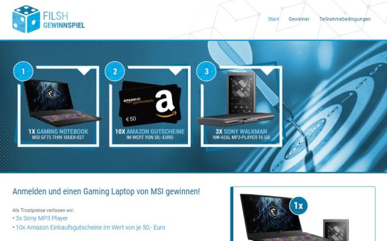 Filsh: Gaming-Notebook oder 1.600 € in bar, 10 x 50 € amazon-Gutschein und 3 x Sony Walkman zu gewinnen