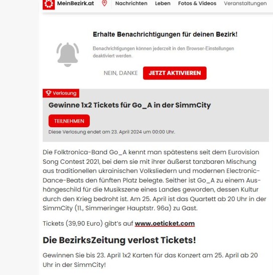 bz-Wiener Bezirkszeitung GmbH - 1x2 Tickets für Go_A in der SimmCity 25. April ab 20 Uhr