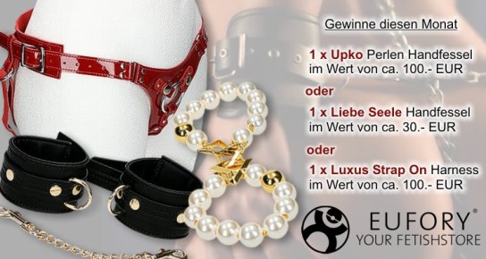 my-Lovetoy - 1 x UPKO - Perlen Handfesseln im Wert von 100 Euro, 1 x Liebe Seele Japan - Organosilikon Handfesseln im Wert von 30 Euro, 1 x Luxus Strap-On Harness aus Lackleder im Wert von 100 Euro