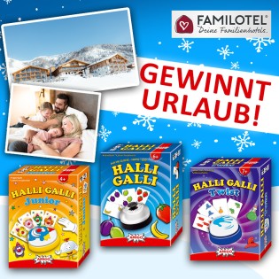 AMIGO - Gutschein für ein 7-tägigen Familienurlaub und Spielepaket mit Halli Galli, Halli Galli Twist und Halli Galli Junior, 15 x je ein Spielepaket