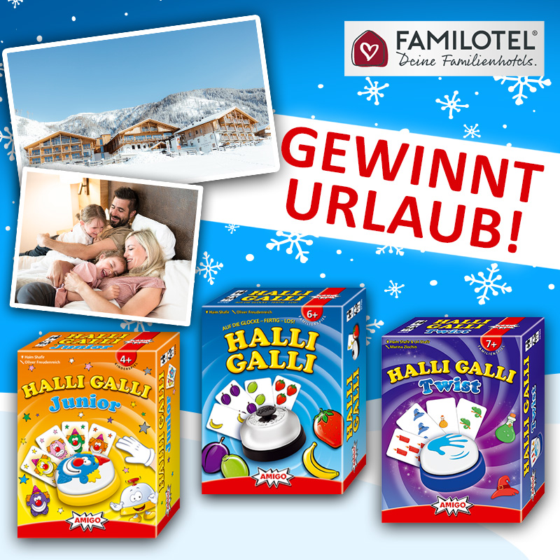 AMIGO - Gutschein für ein 7-tägigen Familienurlaub und Spielepaket mit Halli Galli, Halli Galli Twist und Halli Galli Junior, 15 x je ein Spielepaket