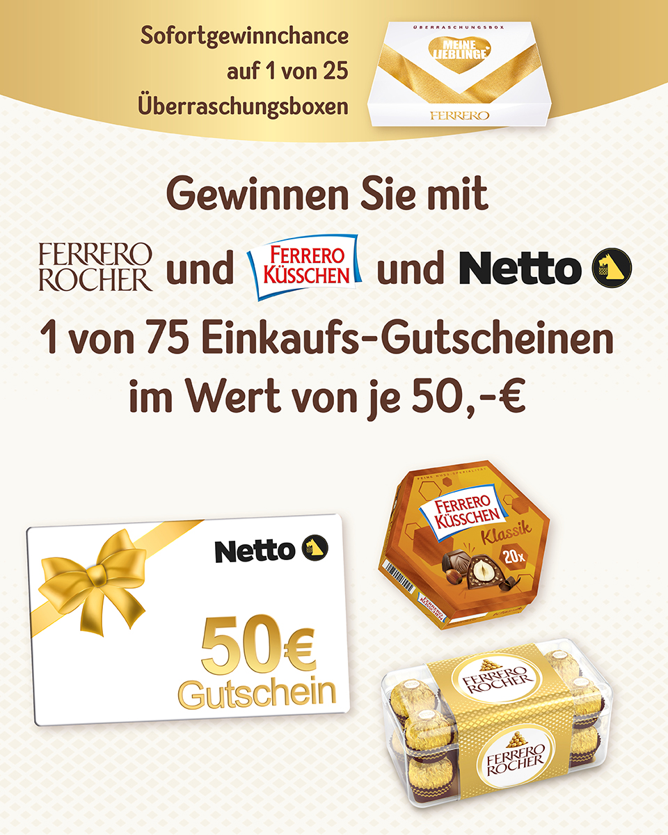 Ferrero - 25 x Überraschungsbox Sofortgewinn, 75 x 50€ Gutschein Netto (schwarz mit Hund)