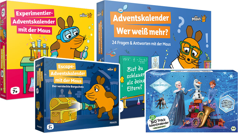 halloFamilie - 1 x Bio Snack Adventskalender Die Eiskönigin von PURE&FUN, 1 x Adventskalender Die Maus – Wer weißt mehr, 1 x Escape Adventskalender mit der Maus,1 x Experimentier – Adventskalender mit der Maus