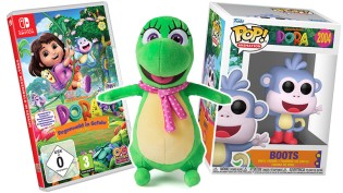 halloFamilie - ein Fanpaket DORA: Regenwald in Gefahr für Nintendo Switch, Isa Plüsch, 1x Kinderpuzzle,1x Pop! BOOTS