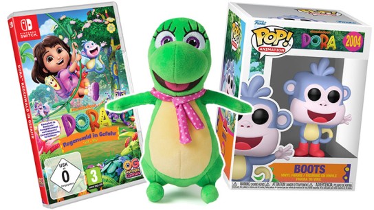 halloFamilie - ein Fanpaket DORA: Regenwald in Gefahr für Nintendo Switch, Isa Plüsch, 1x Kinderpuzzle,1x Pop! BOOTS