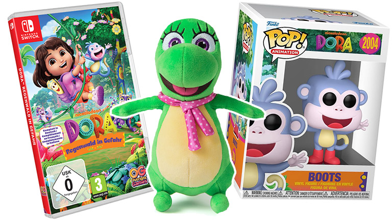 halloFamilie - ein Fanpaket DORA: Regenwald in Gefahr für Nintendo Switch, Isa Plüsch, 1x Kinderpuzzle,1x Pop! BOOTS