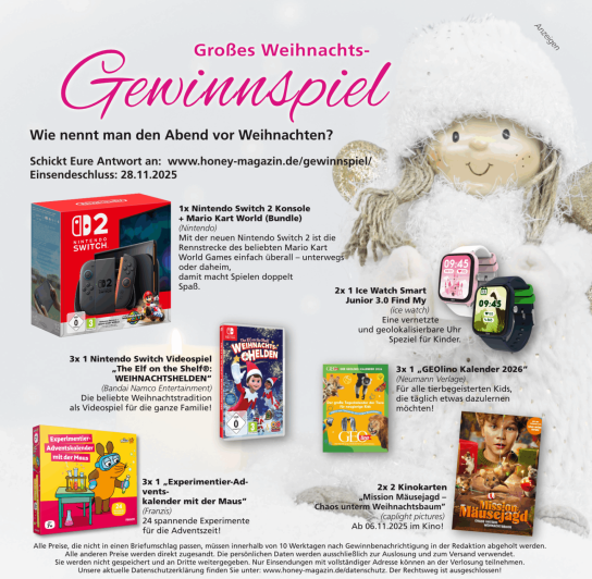 HONEY – Familienmagazin - 1x Nintendo Switch 2, 3 x Switch Spiel The Elf on the shelf Weihnachtshelden und weitere Presie