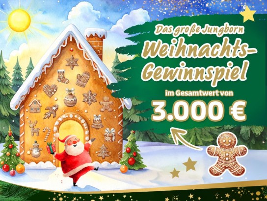 Jungborn - 1. Preis: 500 € Weihnachtsgeld, 2. - 5. Preis: 250 € Weihnachtsgeld,30 x 50 € Jungborn Einkaufsgutscheine