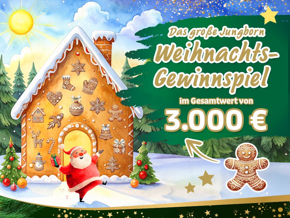 Jungborn - 1. Preis: 500 € Weihnachtsgeld, 2. - 5. Preis: 250 € Weihnachtsgeld,30 x 50 € Jungborn Einkaufsgutscheine