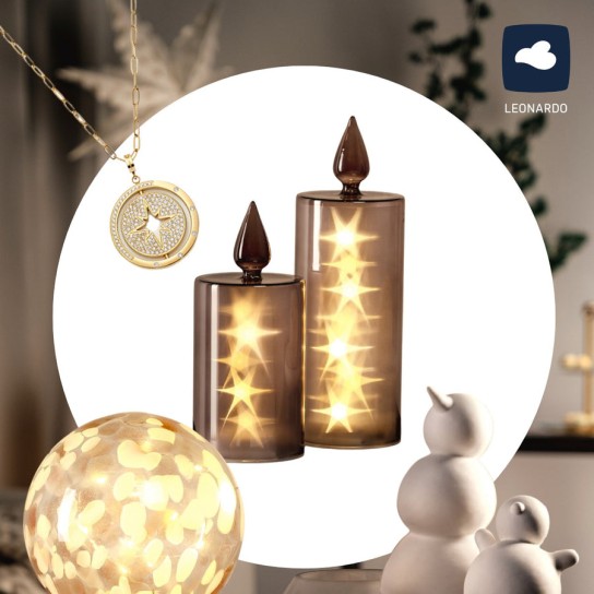 LEONARDO - XMAS-Paket: Halskette Starlight, eine stilvolle LED Kugel, LED Kerzen,Schneemann-Figuren Paola und Pablito