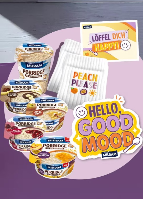Milram - 5 x ein Porridge Paket inklusive Postkarte, Socken, 1x Porridge Pfirsich-Maracuja , 1x Porridge Schoko-Banane, 1 x Porridge Kirsche-Cranberry, 1x Apfel-Zimt, 1x Porridge Natur