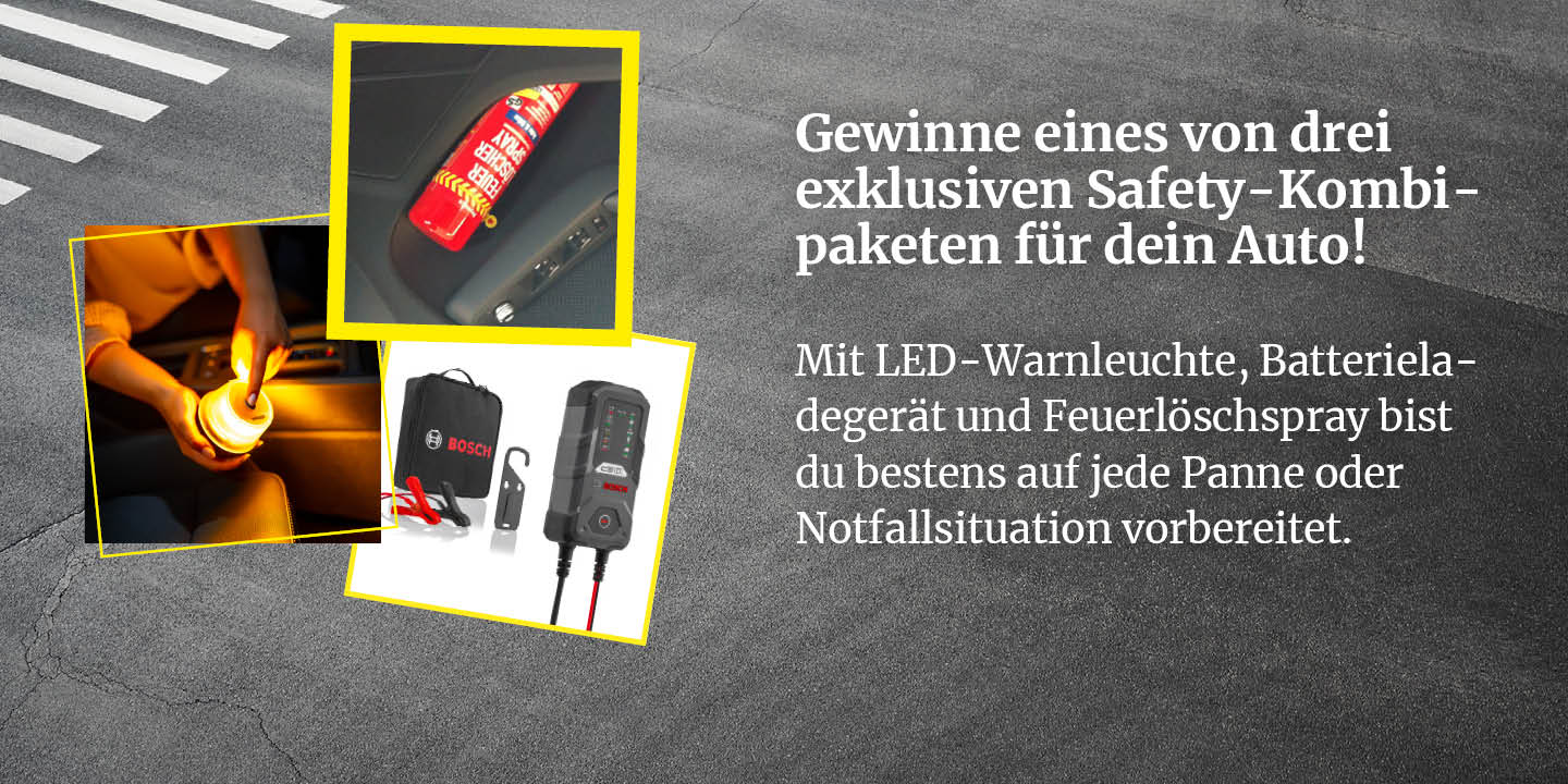 motus Magazin - eines von drei Safety-Kombipaketen für dein Auto, mit LED Warnweste, Batterieladegerät und Feuerlöschspray