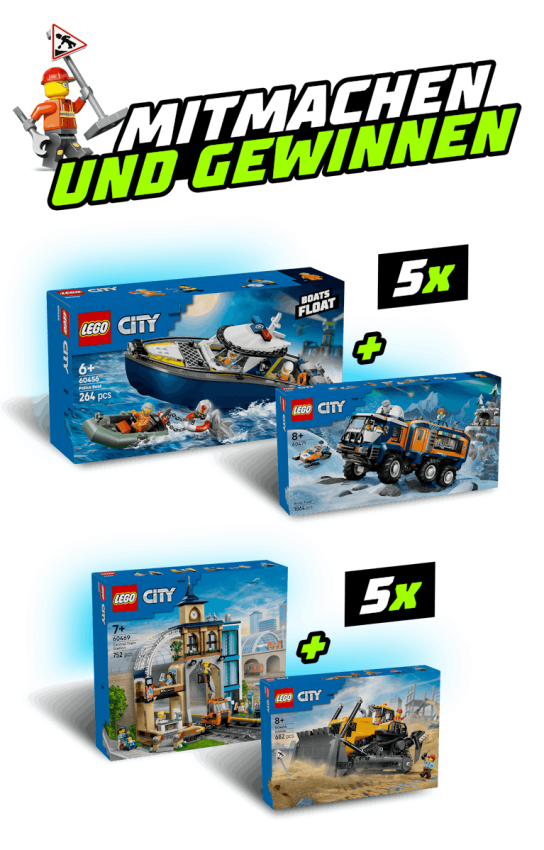 toggo - 5x Gewinnpaket 1: Lego Hauptbahnhof, Gelber Bulldoze 5x Gewinnpaket 2: Lego Verfolgungsjagd mit Polizeiboot,Arktistruck mit Labor
