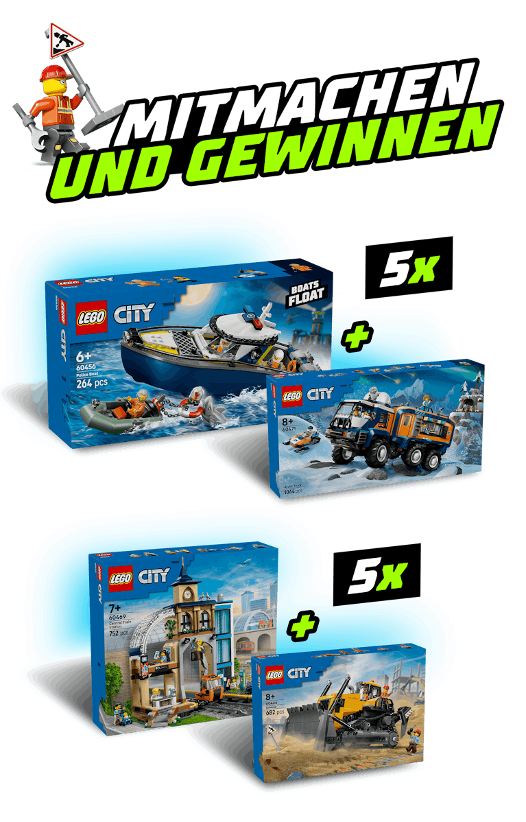 toggo - 5x Gewinnpaket 1: Lego Hauptbahnhof, Gelber Bulldoze 5x Gewinnpaket 2: Lego Verfolgungsjagd mit Polizeiboot,Arktistruck mit Labor