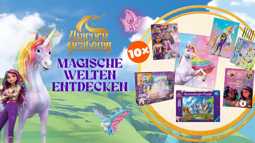 TOGGO Eltern - 1 von 10 magischen Unicorn Academy Fan-Paketen! Jedes Paket enthält zauberhafte Unicorn Academy Produkte: eine Soft-Fleecedecke, ein Puzzle, ein Magazin, ein Freundschaftsbuch uvm.