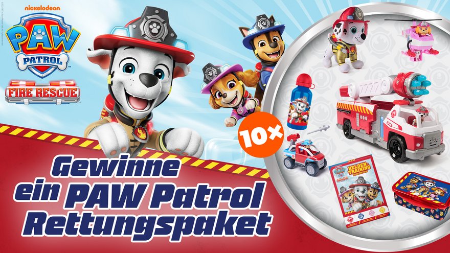 TOGGO Eltern - "PAW Patrol - Fire Rescue" 1 von 10 Fanpaketen. Jedes Paket enthält: Einen Feuerwehrtruck, zwei Basis-Fahrzeuge, einen Marshall Plüsch, eine Lunch Box, eine Trinkflasche und eine Brandschutzfibel
