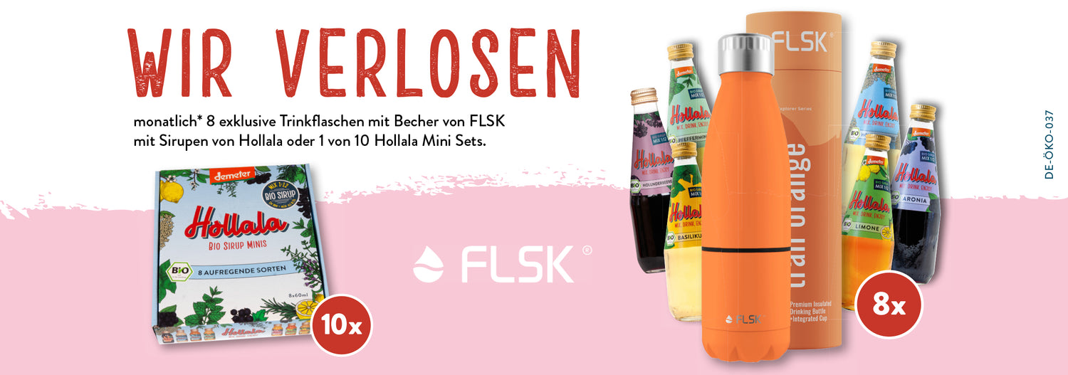 Victualium - eine FLSK Trinkflasche mit Becher und 6 Sirupflaschen 330ml von HOLLALA oder ein Miniset von HOLLALA