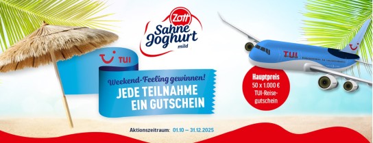 Zott - 50x1 TUI Reisegutschein im Wert von 1.000 Euro (Produktkauf)