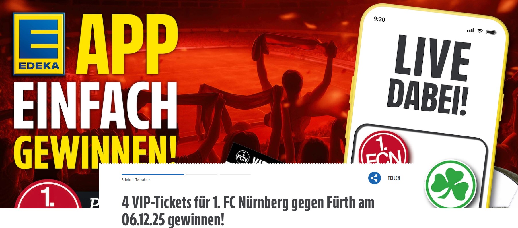 Edeka - 3x4 VIP Karten und 3x2 Parkscheine für den 1 FCN gegen Fürth am 06.12.2025