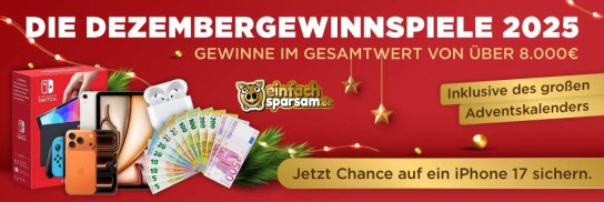 Einfach-Sparsam.de: Apple iPhone 17 + 24 Sachpreise im Gesamtwert von über 8.000 € im Adventskalender 2025