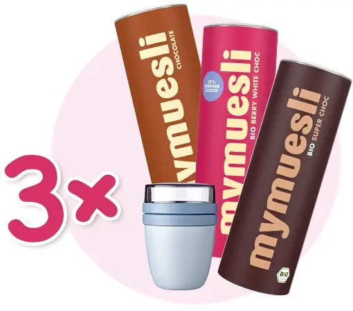 Emcur - 3 praktische Mepal-Müslibecher mit jeweils einer Packung leckerem mymuesli.