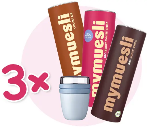 Emcur - 3 praktische Mepal-Müslibecher mit jeweils einer Packung leckerem mymuesli.