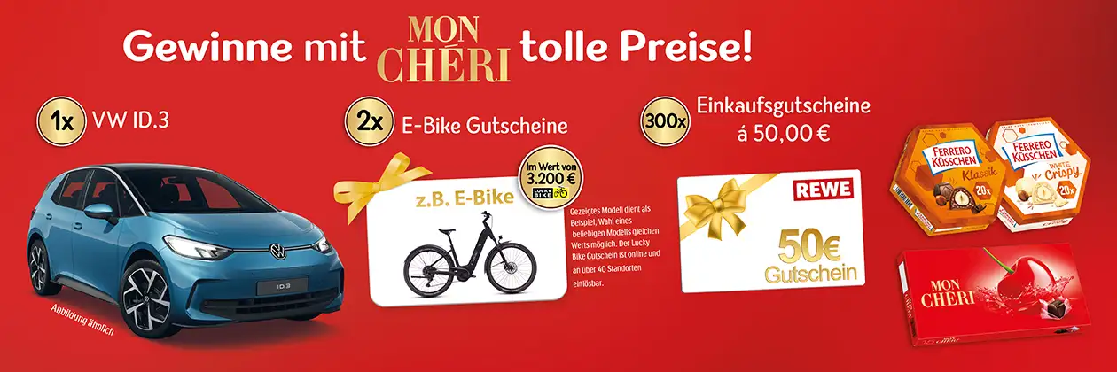 Ferrero - VW ID.3, 2x je einen Gutschein für ein E-Bike sowie 300 REWE-Einkaufsgutscheine im Wert von je 50 €