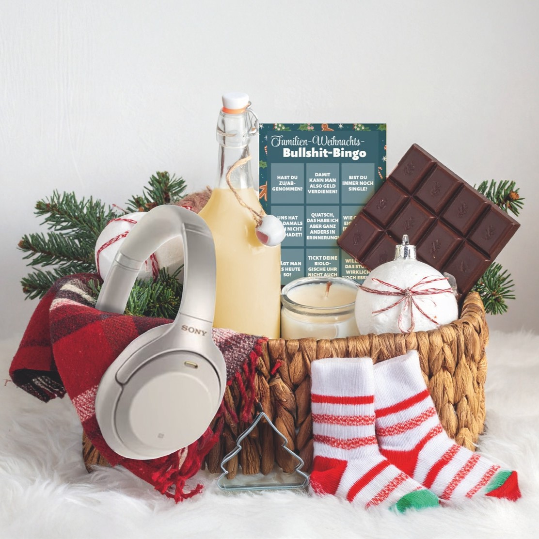 GMEINER - Weihnachtspaket:Noise-Cancelling-Kopfhörer , eine kuschelige Decke und einen weihnachtlichen Stressball