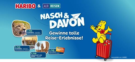 Haribo - 1x1 Reise Afrika, 1x1 Reise Vietnam, 1x1 Reise Ägypten, 30x500 Euro Aldi Reisegutschein, 100.000x 100 Euro Aldi Reise Gutschein