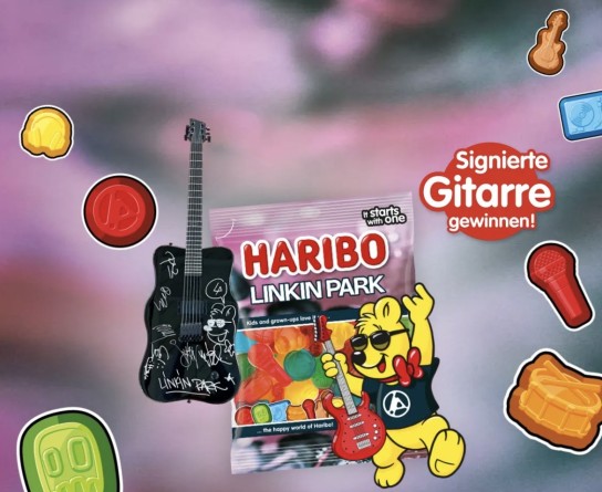 Haribo - E-Gitarre in Goldbären-Form, handgefertigt, signiert von allen Linkin Park-Mitgliedern