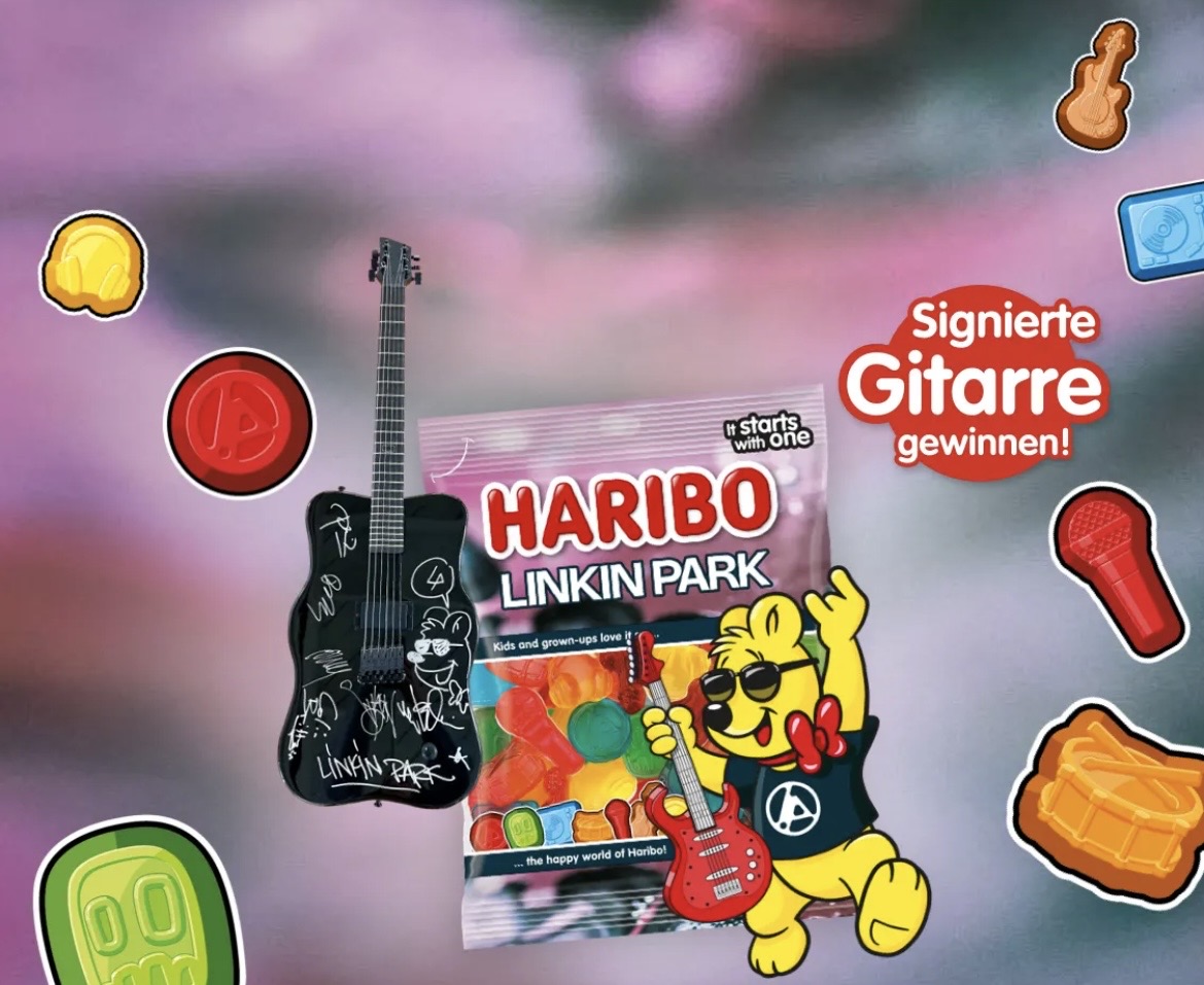 Haribo - E-Gitarre in Goldbären-Form, handgefertigt, signiert von allen Linkin Park-Mitgliedern