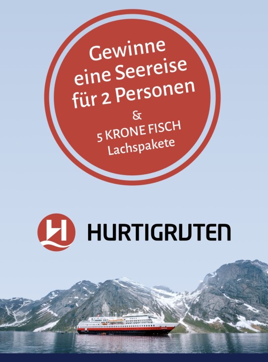 KRONE FISCH - 15-tägige Hurtigruten-Reise ab Hamburg zum Nordkap für zwei Personen, 5 Pakete mit KRONE FISCH Räucherlachs