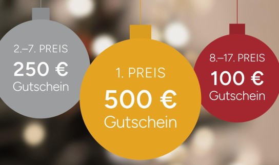 Peter Hahn - 1. Preis: PETER HAHN Einkaufsgutschein im Wert von 500 €2.–7. Preis: PETER HAHN Einkaufsgutscheine im Wert von 250 €8.–17. Preis: PETER HAHN Einkaufsgutscheine im Wert von 100 €