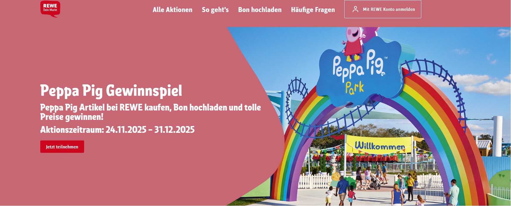 REWE - 10x4 Tickets für 2 Tage im Peppa Park inkl. Übernachtung für 4 Personen, 10x1 Peppa Wutz Puppe (Produktkauf)