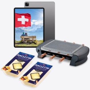 Schweizer Käse - 1 x Gutschein für eine individuell zu planende Reise in die Schweiz im Wert von 3.000 €, 3 x Apple iPads 11'' WiFi (2024) ,5 x Raclette Suisse® Öfen mit je 2 x 300 g Raclette Suisse® in Scheiben