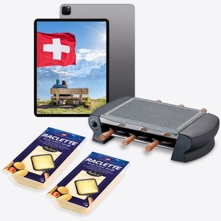 Schweizer Käse - 1 x Gutschein für eine individuell zu planende Reise in die Schweiz im Wert von 3.000 €, 3 x Apple iPads 11'' WiFi (2024) ,5 x Raclette Suisse® Öfen mit je 2 x 300 g Raclette Suisse® in Scheiben