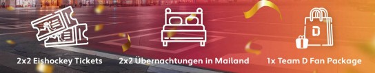 Team Deutschland - ein Olympic Hospitality Package für 2 Personen inklusive 2 Tickets für das Eishockey-Spiel USA gegen Dänemark und 2 Tickets für das Eishockey-Spiel Kanada gegen Frankreich zwei Übernachtungen für 2 Personen und ein Team D Fanpackage.
