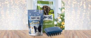 Der Hund - 1 von 3 Happy Dog Verwöhnpaketen: Super-Premium-Vollnahrung und eineHappy Dog Bürste.