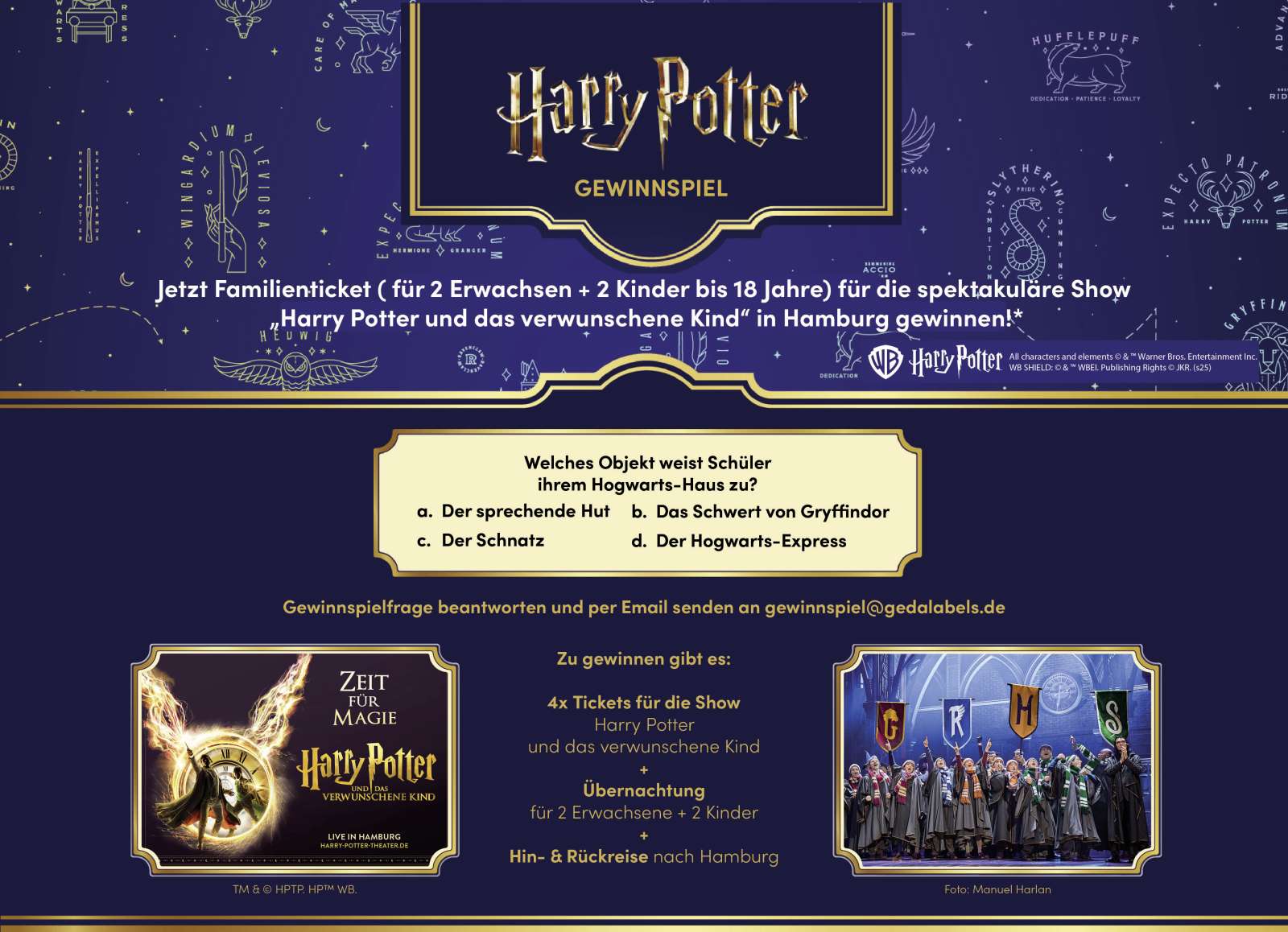 GEDA-Labels - 4 Tickets (2 Erw. + 2 Kind.) für "Harry Potter und das verwunschene Kind" + 1 Übernachtung + Kosten für Hin-und Rückfahrt mit der Bahn nach Hamburg