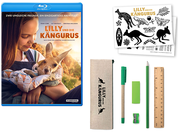 Häfft - drei Fanpakete zum Film "Lilly und die Kängurus", es besteht aus einer Blu-ray, einem Schreibset und einem Tattoo-Set