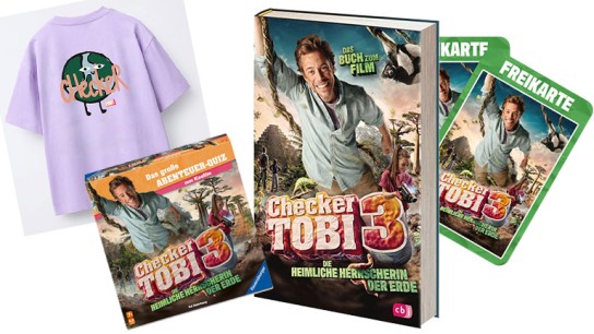 halloFamilie - Fanpaket bestehend aus 4 Kinokarten, Buch, Shirt und Spiel zum Film.„Checker Tobi 3 – Die heimliche Herrscherin der Erde“