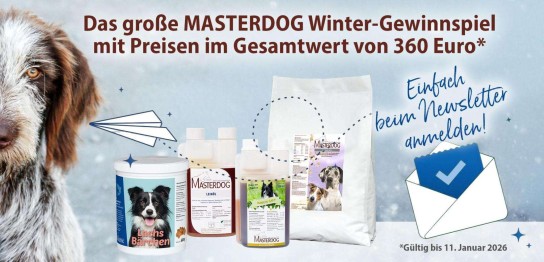 MASTERHORSE - 10 exklusive Sets für die kalte Jahreszeit: MASTERDOG FLOCKEN-MIX (1 x 4 kg), LACHS BÄRCHEN (1 x 600 g ), LEINÖL (1 x 250 ml),IMMUN-SAFT (1 x 500 ml)