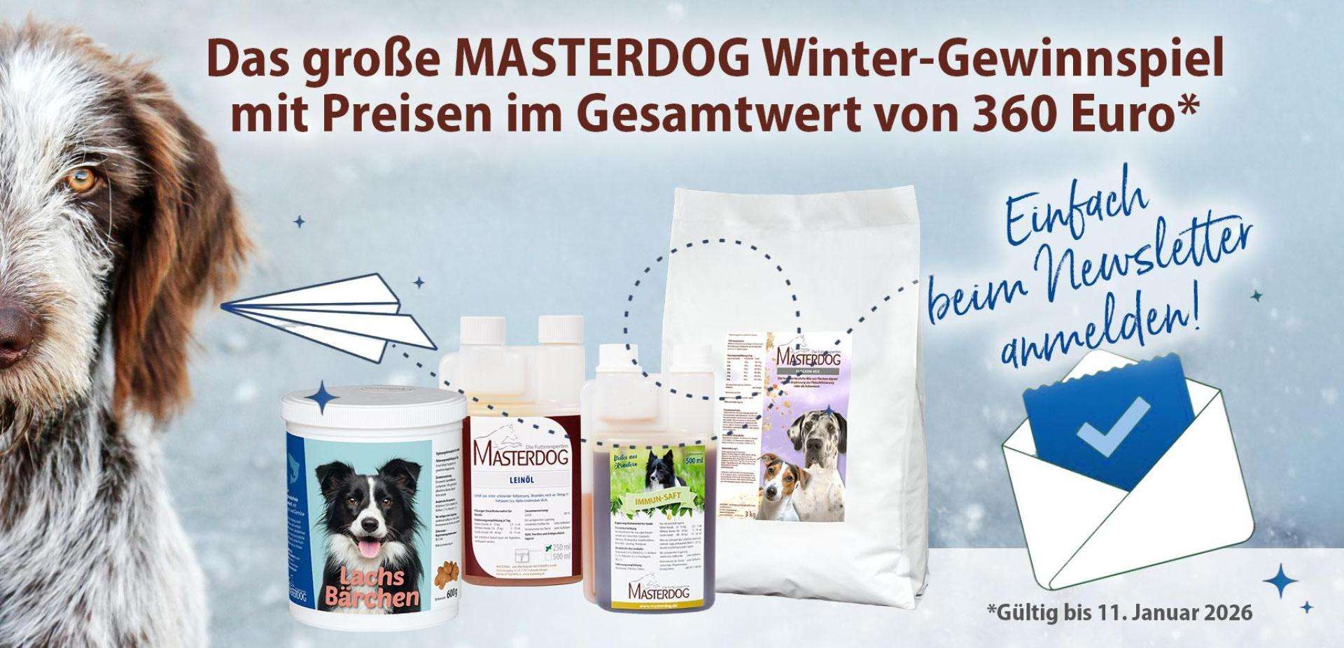 MASTERHORSE - 10 exklusive Sets für die kalte Jahreszeit: MASTERDOG FLOCKEN-MIX (1 x 4 kg), LACHS BÄRCHEN (1 x 600 g ), LEINÖL (1 x 250 ml),IMMUN-SAFT (1 x 500 ml)