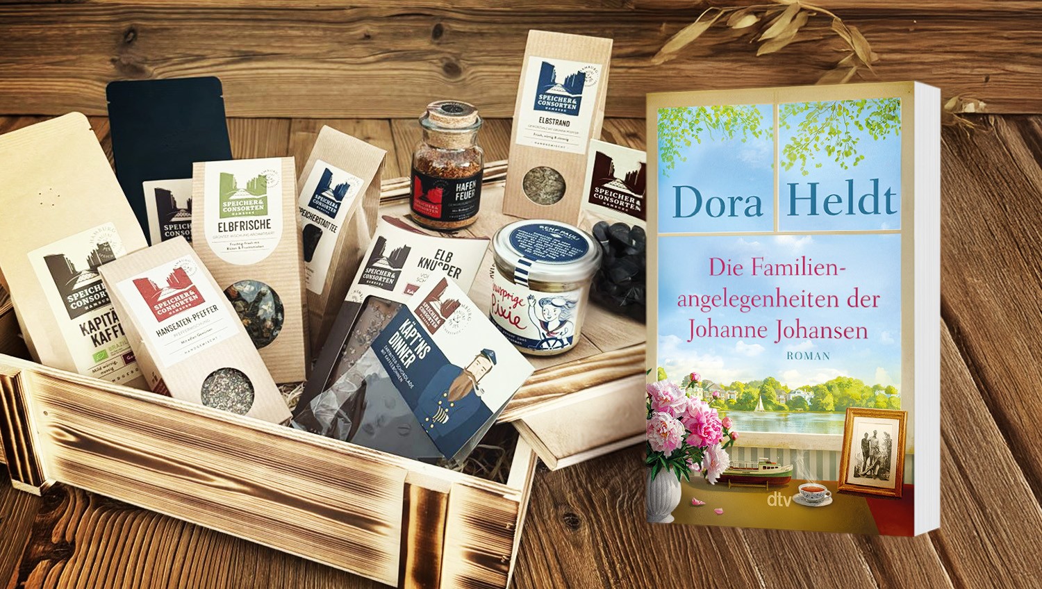 Wunderweib - 3 x Taschenbuch (›Die Familienangelegenheiten der Johanne Johansen‹) und einer Kapitänskiste, prall gefüllt mit leckeren kulinarischen Überraschungen