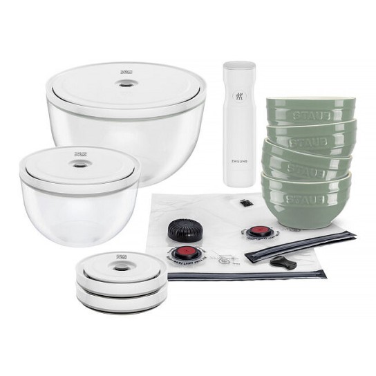 ZauberMix - Zwilling: 5x1 Vakuumschüssel-Startersets bestehend aus: 2 großen Bowls, 4 Staub-Keramikschalen,den passenden Deckeln, 2 Vakuumbeuteln und Pumpe