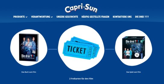 Capri Sun -  50 Fan Pakete bestehend aus dem Buch & Spiel zum Film Die Drei???, sowie je 2 Kino Freikarten.