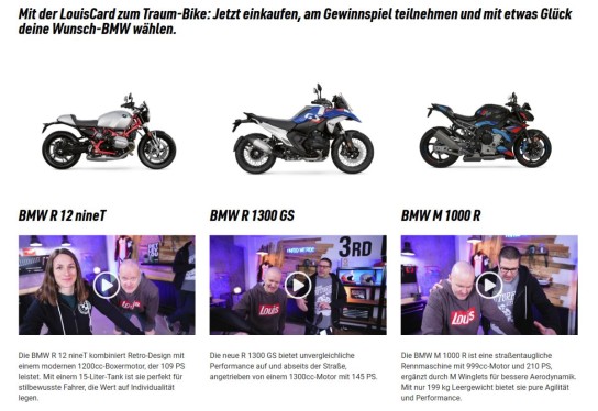 Louis Motorrad - 3x 1 BMW Motorrad  = ein Motorrad nach Wahl aus den drei  im Gewinnspiel genannten BMW Modellen (Produktkauf)