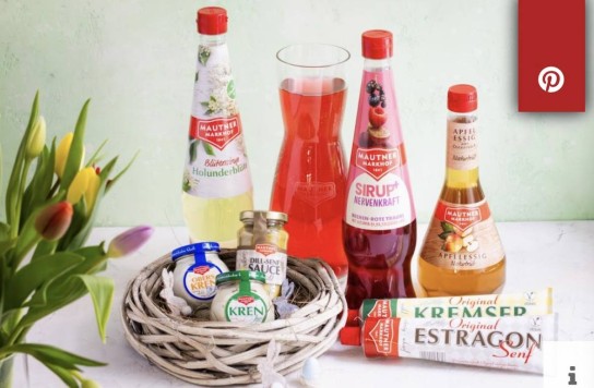 Kochen & Küche Verlag - 3 x 1 Osterkorb von Mautner Markhof inkl. Senf, Kren, Essig, Sirup und einer Glaskaraffe.